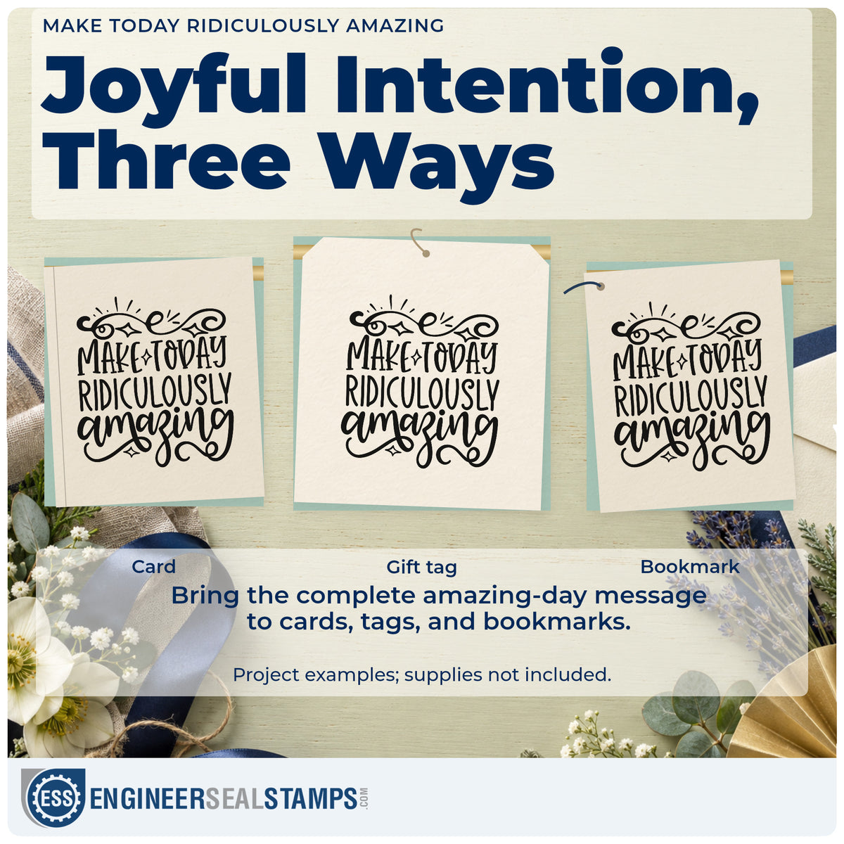 Three project examples made with the Make Today Ridiculously Amazing With Sparkles Self-Inking Craft Stamp, including party run sheet.