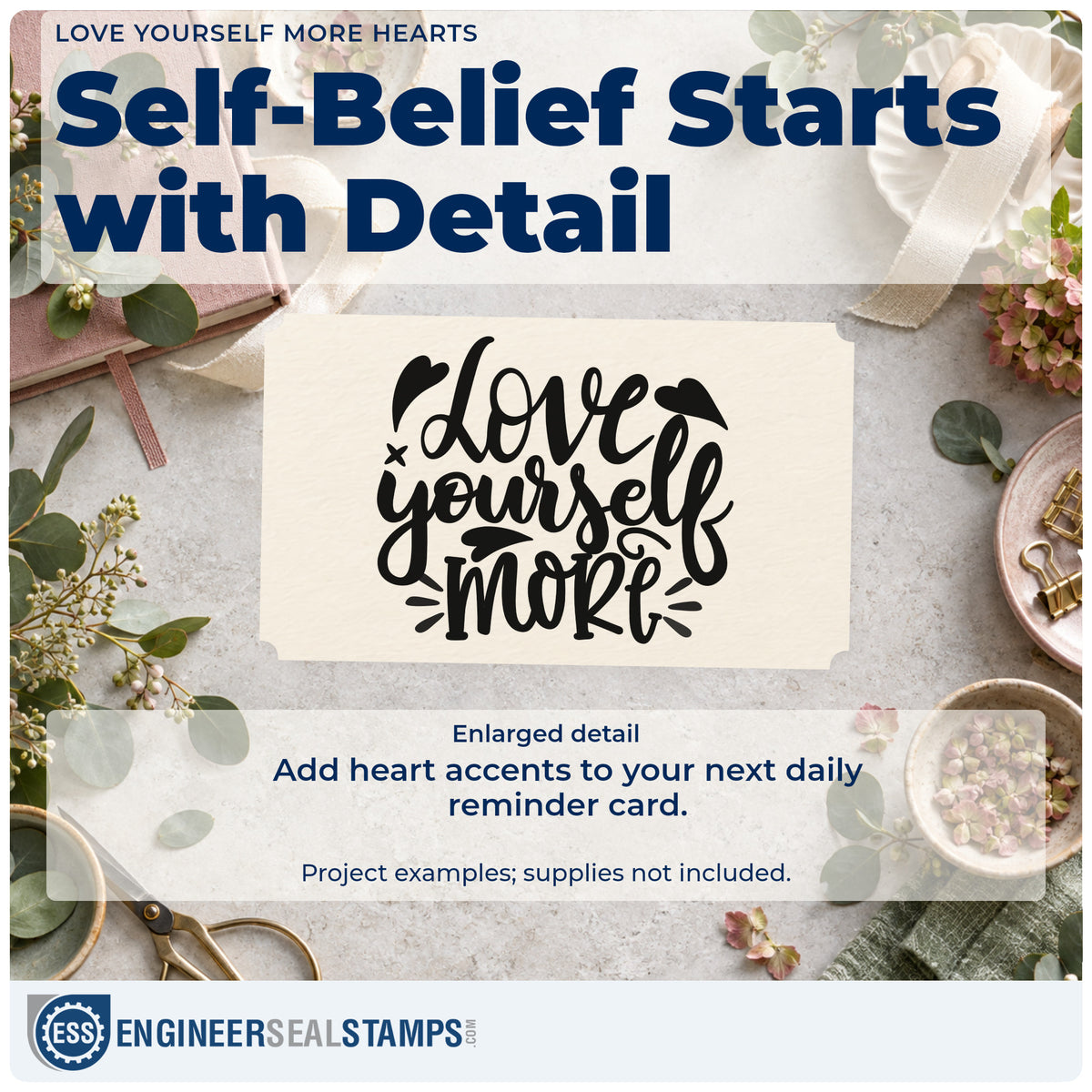 Enlarged detail of the Vintage Pro Love Yourself More Hearts Premium Wooden Stamp imprint. The words "Love yourself more" appear in bold script with hearts and decorative rays.