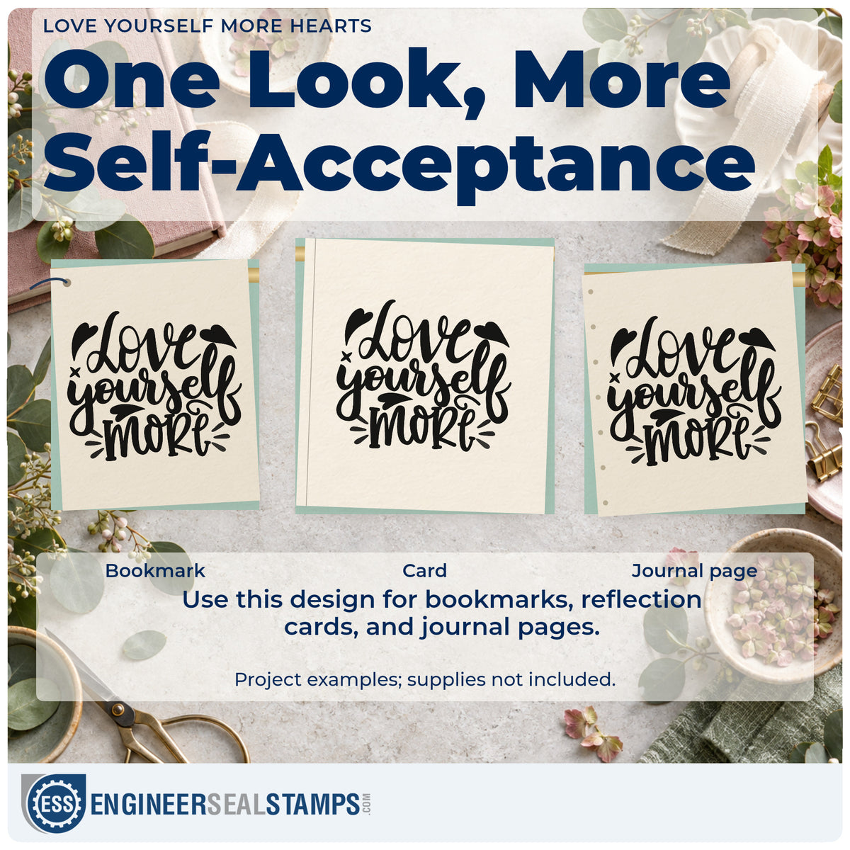 Three project examples made with the Vintage Pro Love Yourself More Hearts Premium Wooden Stamp, including class book sheet.