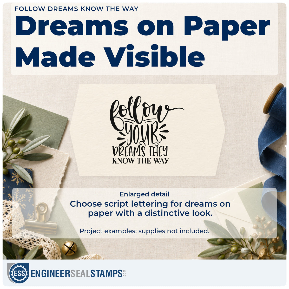 Enlarged detail of the Follow Dreams Know The Way Stamp – Premium Vintage Pro Wooden imprint. The phrase "Follow your dreams they know the way" appears in flowing script and capitals with rays.