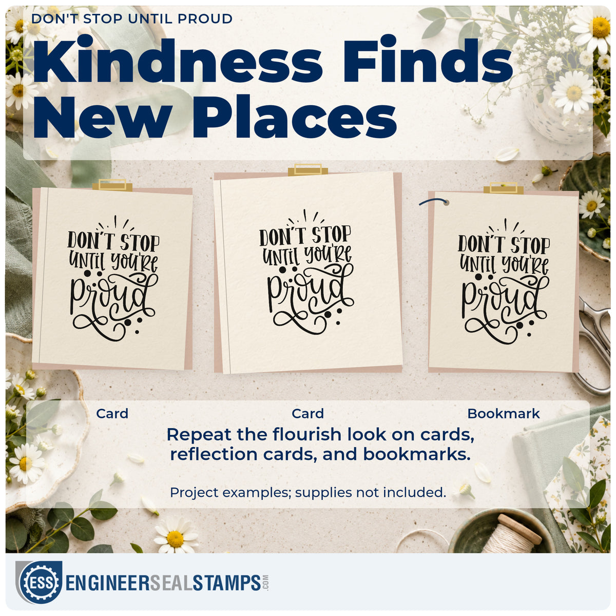 Three project examples made with the Don't Stop Until You're Proud Hand Stamp – Duo, including piece select sheet.