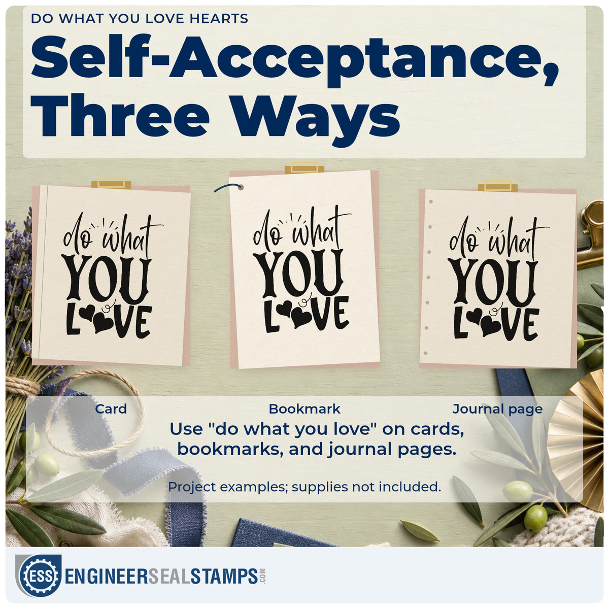 Three project examples made with the Do What You Love Heart Accents Wood Handle Stamp, including prep list sheet.