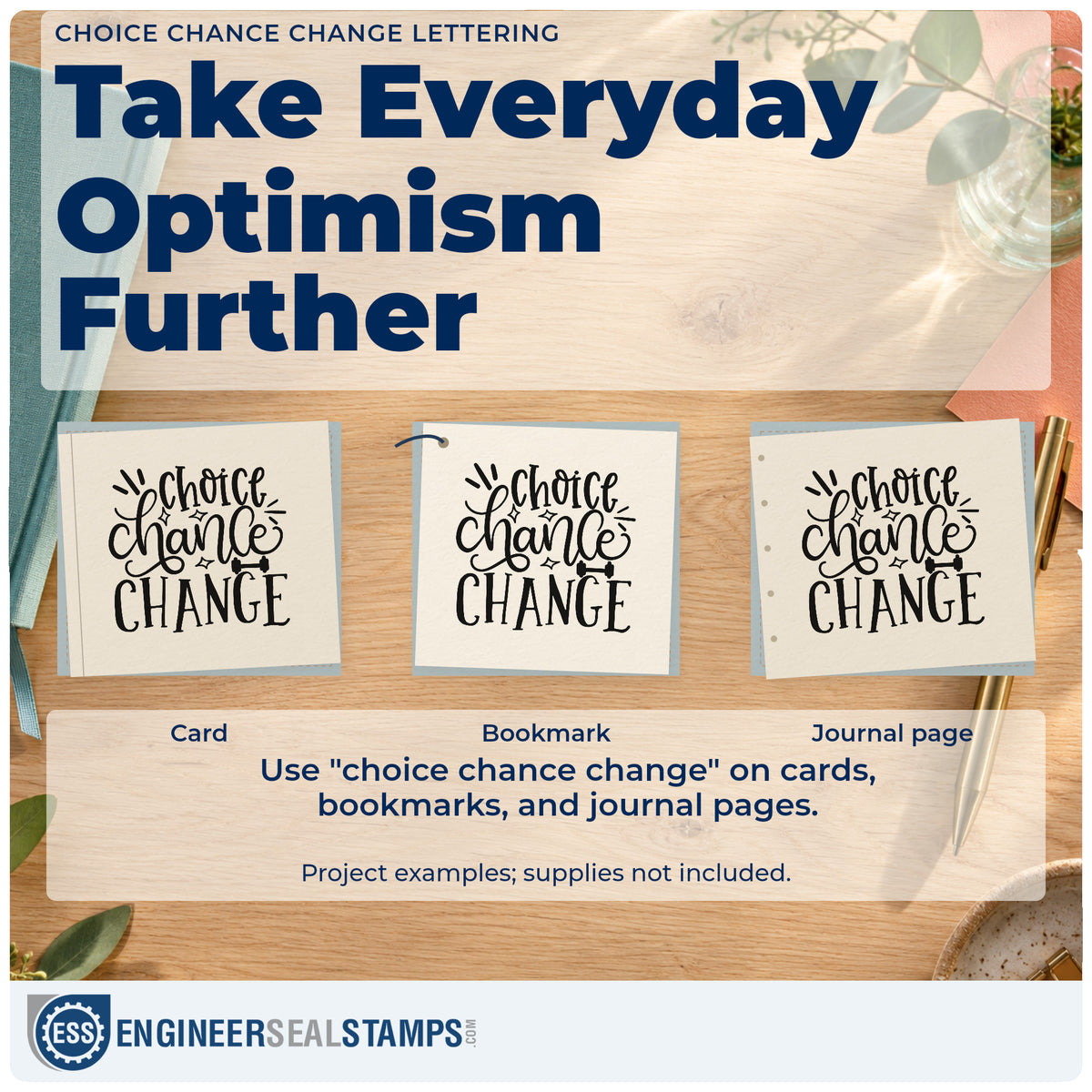 Three project examples made with the Choice Chance Change Stamp – Premium Vintage Pro Wooden, including search track sheet.