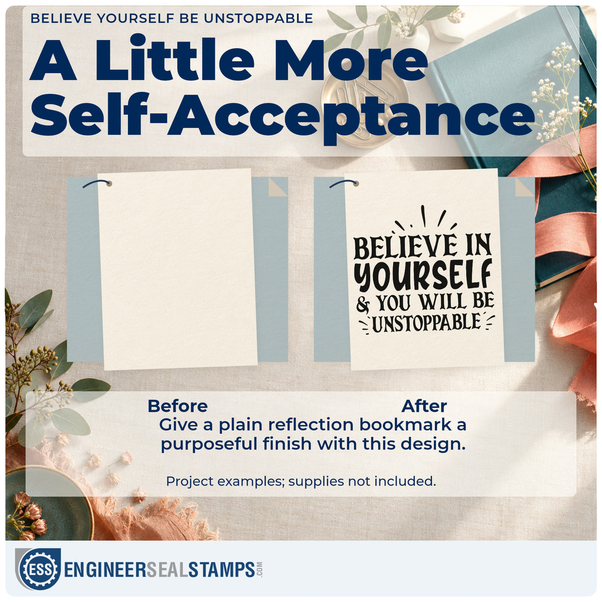 Before and after of a plain item finished with the Believe In Yourself & You Will Be Unstoppable Slim Pre-Inked Stamp, a quick upgrade for framed gym corner.