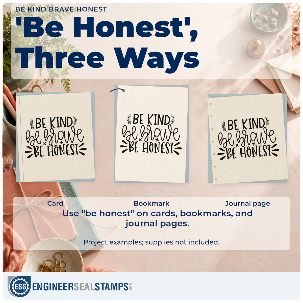 Three project examples made with the Be Kind Brave Honest Botanical Sprig Stamp – Duo Hand, including badge progress sheet.