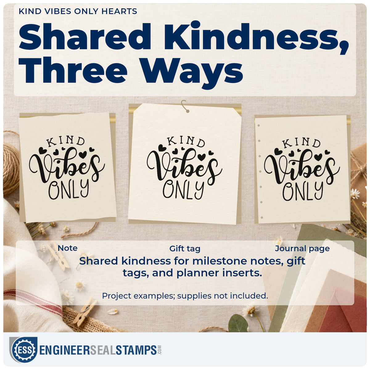 Three project examples made with the Kind Vibes Only Hearts Premium Wooden Stamp – Vintage Pro, including session plan sheet.