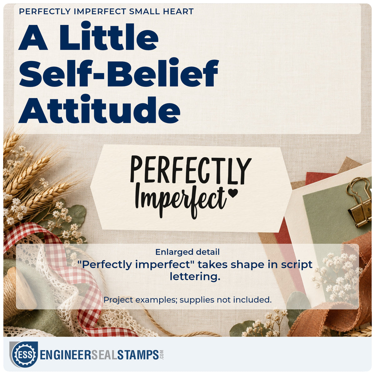 Enlarged detail of the Duo Hand Perfectly Imperfect Rubber Stamp imprint. The words "Perfectly imperfect" appear in capitals and script beside a small solid heart.