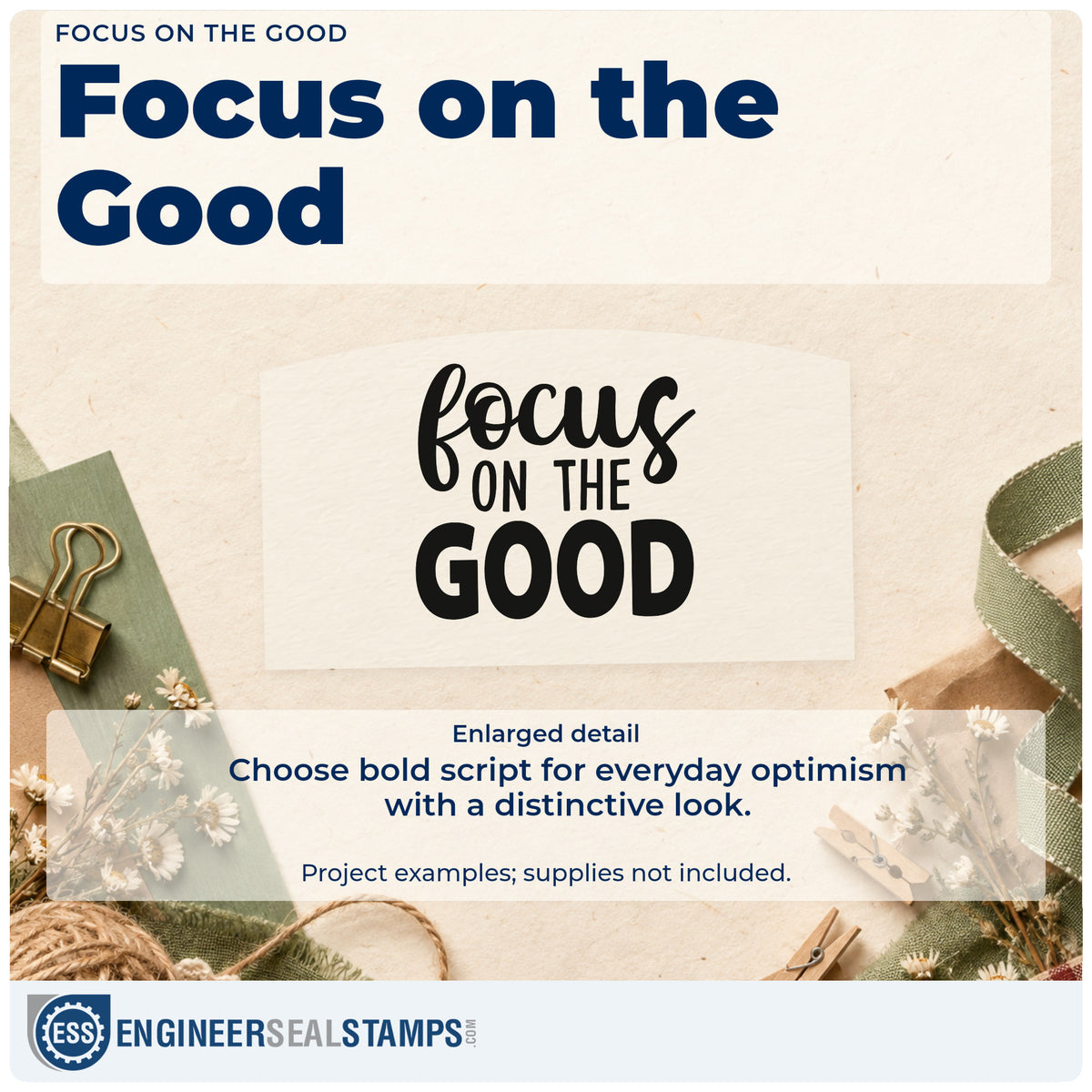 Enlarged detail of the Focus On The Good Brush Lettering Rubber Stamp – Duo Hand imprint. The words "focus on the good" combine large brush script with bold capitals.