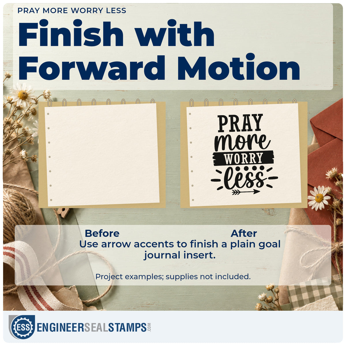 Before and after of a plain item finished with the Pray More Worry Less Arrow Pre-Inked Stamp – Slim, a quick upgrade for framed fellowship room.