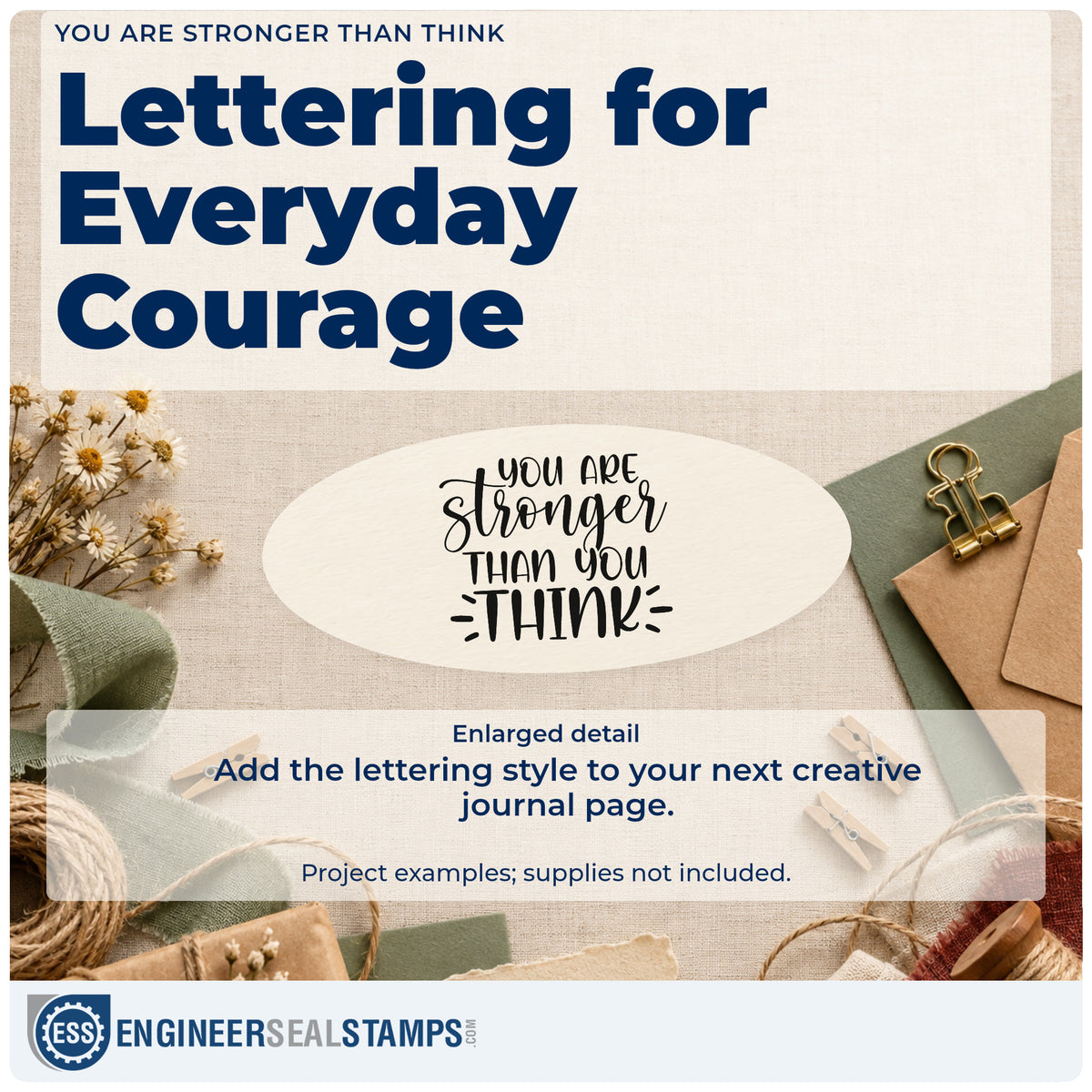 Enlarged detail of the You Are Stronger Than Think Lettering Rubber Stamp – Duo Hand imprint. The phrase "You are stronger than you think" appears in mixed lettering with emphasis lines.