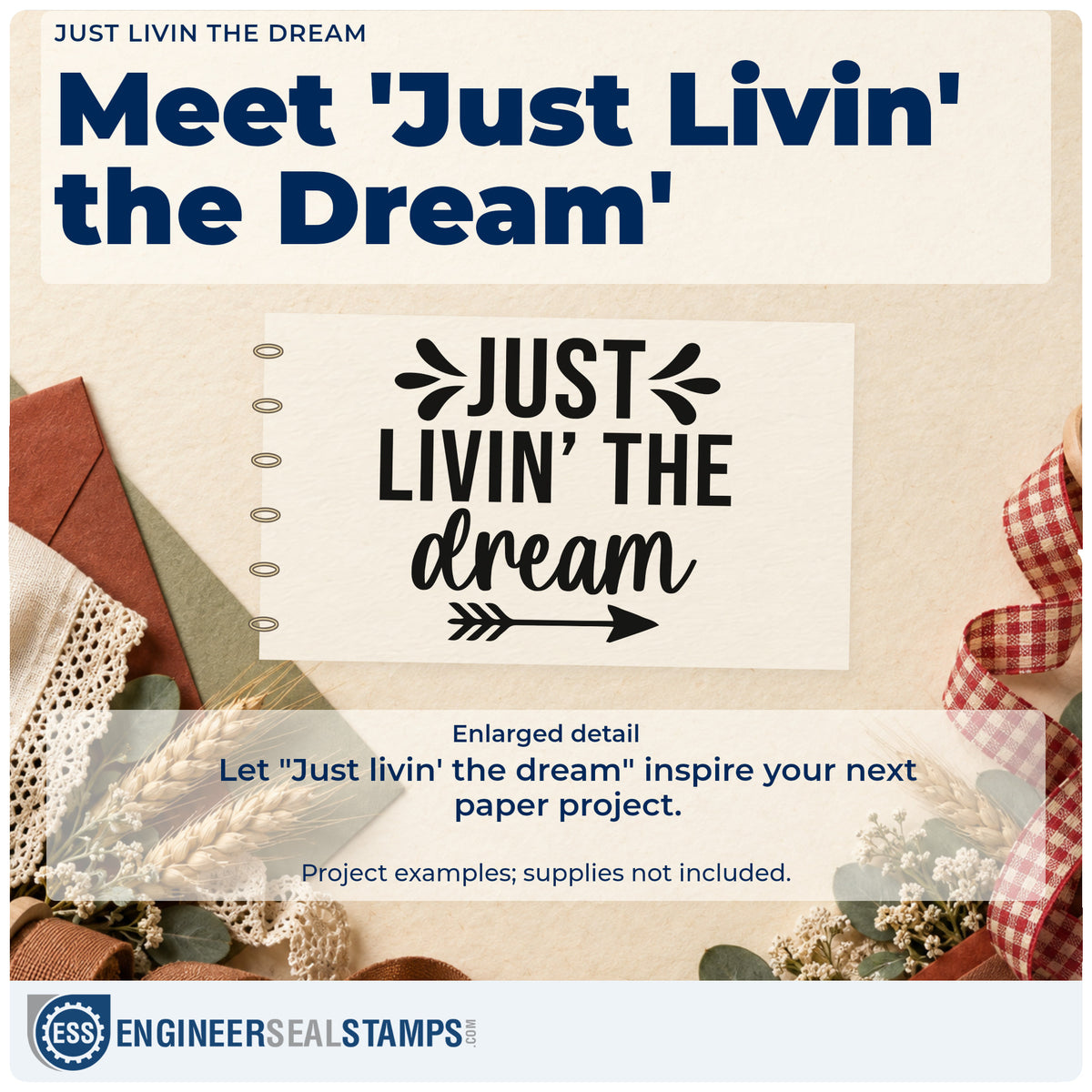 Enlarged detail of the Just Livin' The Dream Arrow Rubber Stamp – Duo Hand imprint. The words "Just livin' the dream" appear with decorative splashes and a right-pointing arrow.