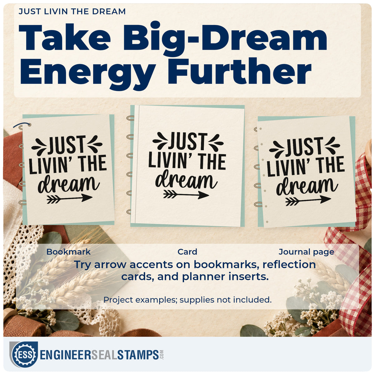 Three project examples made with the Just Livin' The Dream Arrow Rubber Stamp – Duo Hand, including route leg sheet.