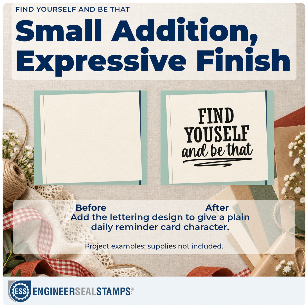 Before and after of a plain item finished with the Find Yourself And Be That Script Lettering Stamp – Duo Hand, a quick upgrade for framed garage bench.