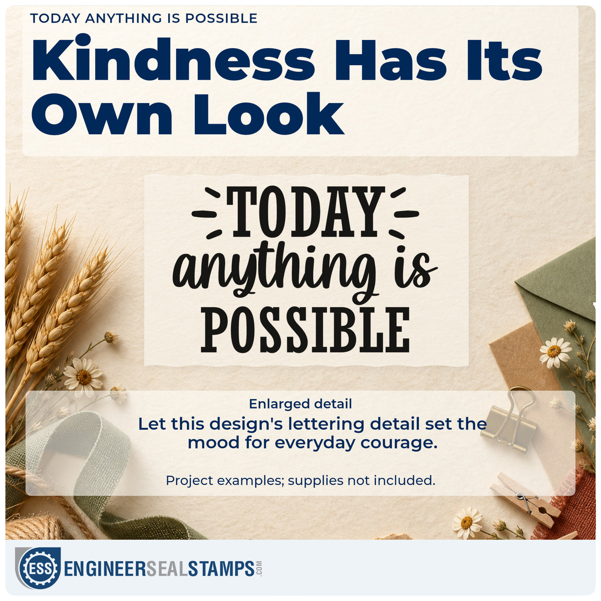 Enlarged detail of the Premium Wooden Today Anything Is Possible Lettering Stamp – Vintage Pro imprint. The phrase "Today anything is possible" appears in mixed lettering with decorative rays.