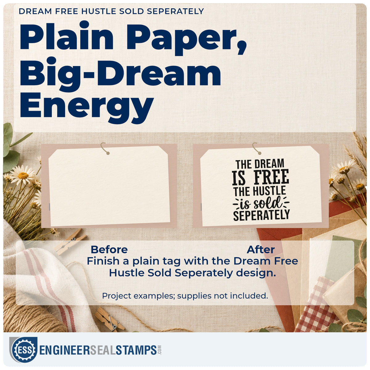 Before and after of a plain item finished with the Dream Is Free Hustle Word Art Rubber Stamp – Wood Handle, a quick upgrade for framed spare room.
