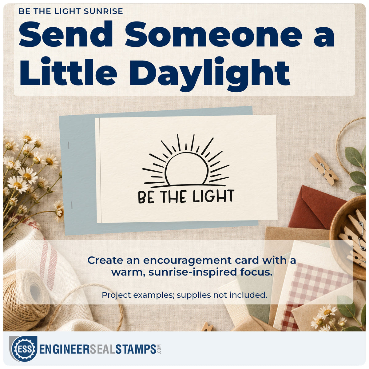 A finished handmade project stamped with the Be The Light Sunrise Linework Rubber Stamp – Duo Hand, ideal for run club album page.