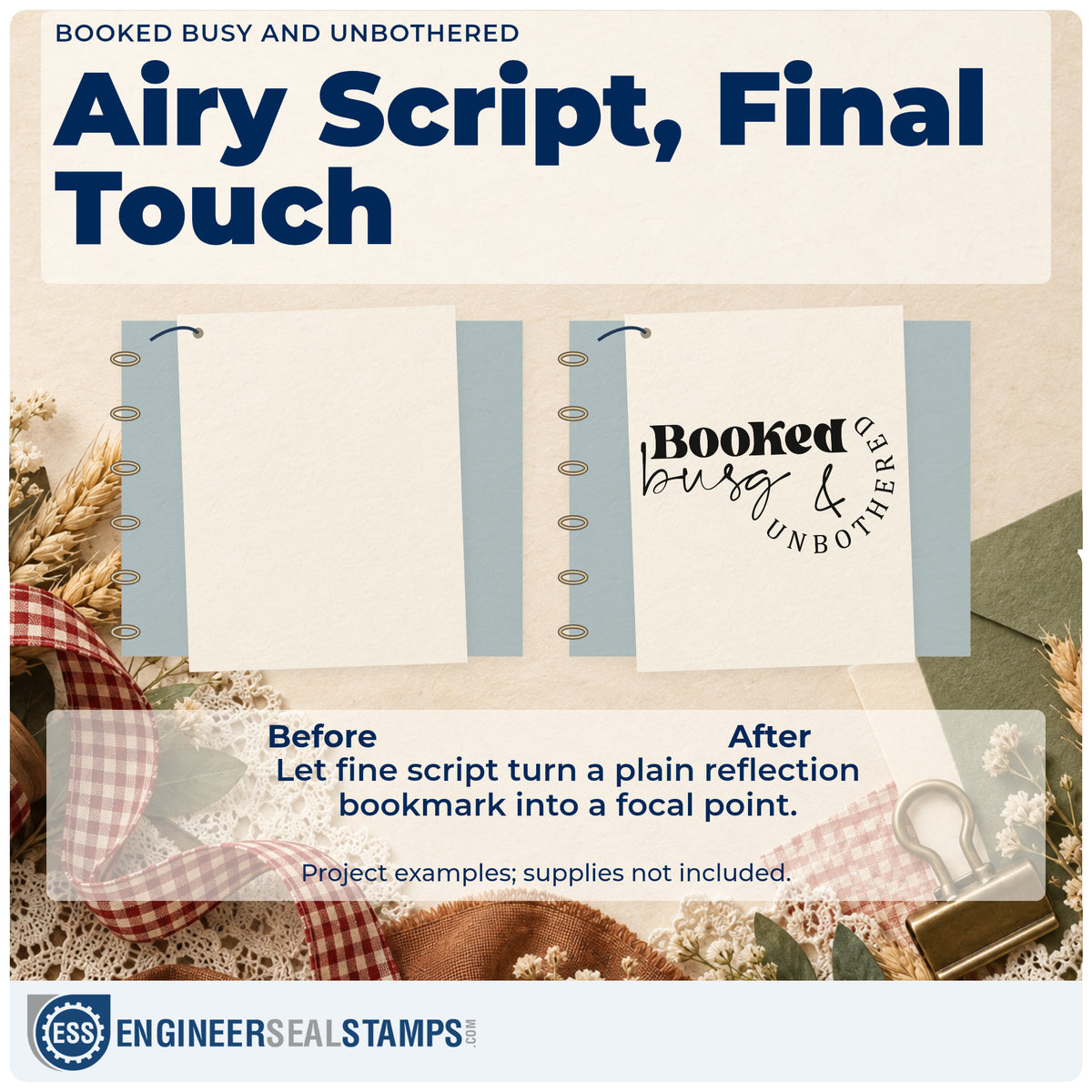 Before and after of a plain item finished with the Booked Busy & Unbothered Script Lettering Self-Inking Craft Stamp, a quick upgrade for framed station mirror.
