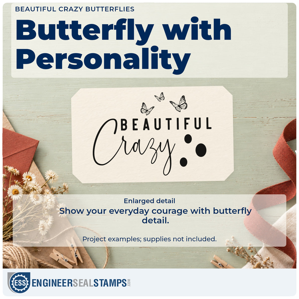 Enlarged detail of the Beautiful Crazy Butterflies Lettering Rubber Stamp – Wood Handle imprint. The words "Beautiful crazy" appear with three small butterflies and four solid dots.