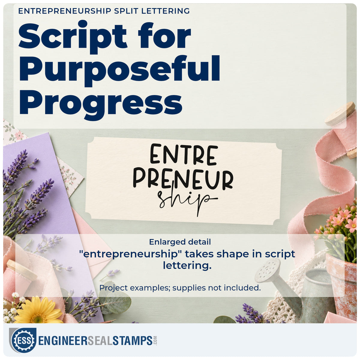Enlarged detail of the Entrepreneurship Split Word Art Premium Wooden Stamp – Vintage Pro imprint. The word "entrepreneurship" is broken across three lines with capitals above a script "ship."