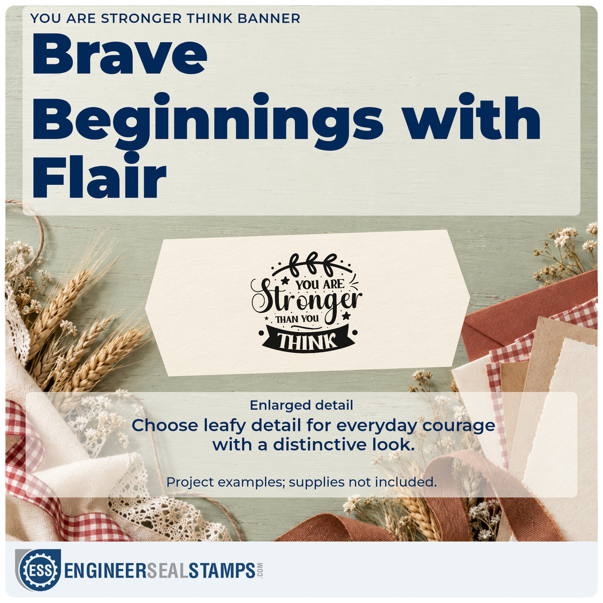 Enlarged detail of the You Are Stronger Think Banner Rubber Stamp – Duo Hand imprint. The phrase "You are stronger than you think" includes a leafy top flourish, stars, dots, and a curved banner.