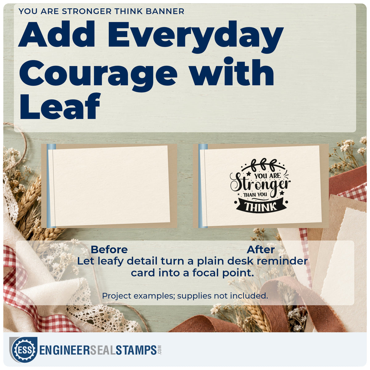Before and after of a plain item finished with the You Are Stronger Think Banner Rubber Stamp – Duo Hand, a quick upgrade for framed training hall.