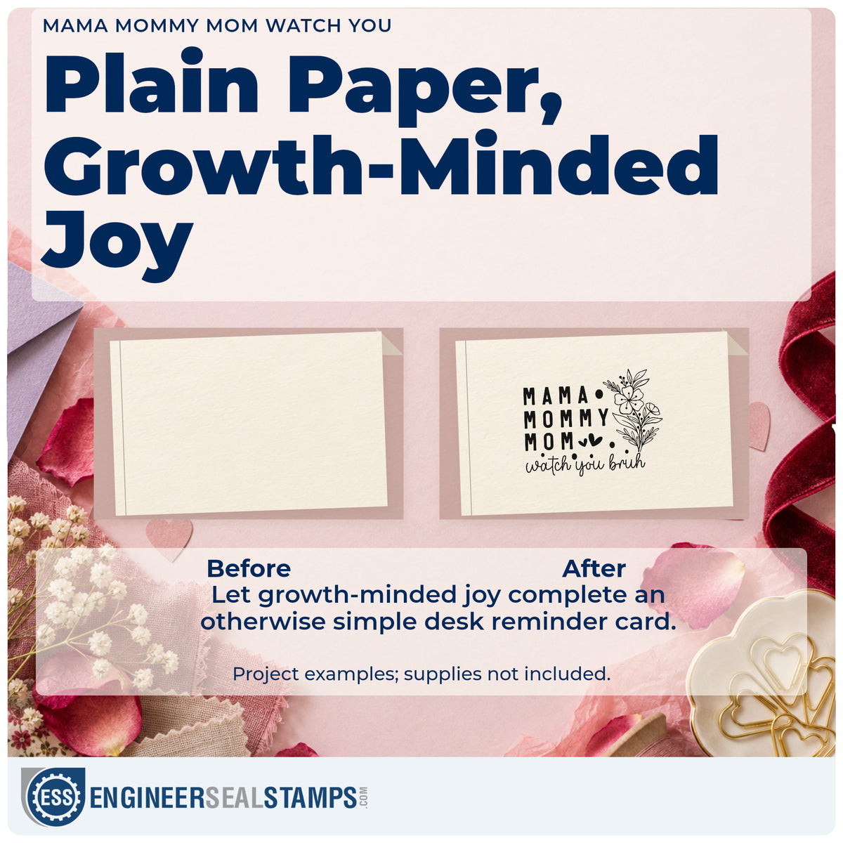 Before and after of a plain item finished with the Mama Mommy Mom Watch You Floral Accents Self-Inking Stamp, a quick upgrade for framed play room.