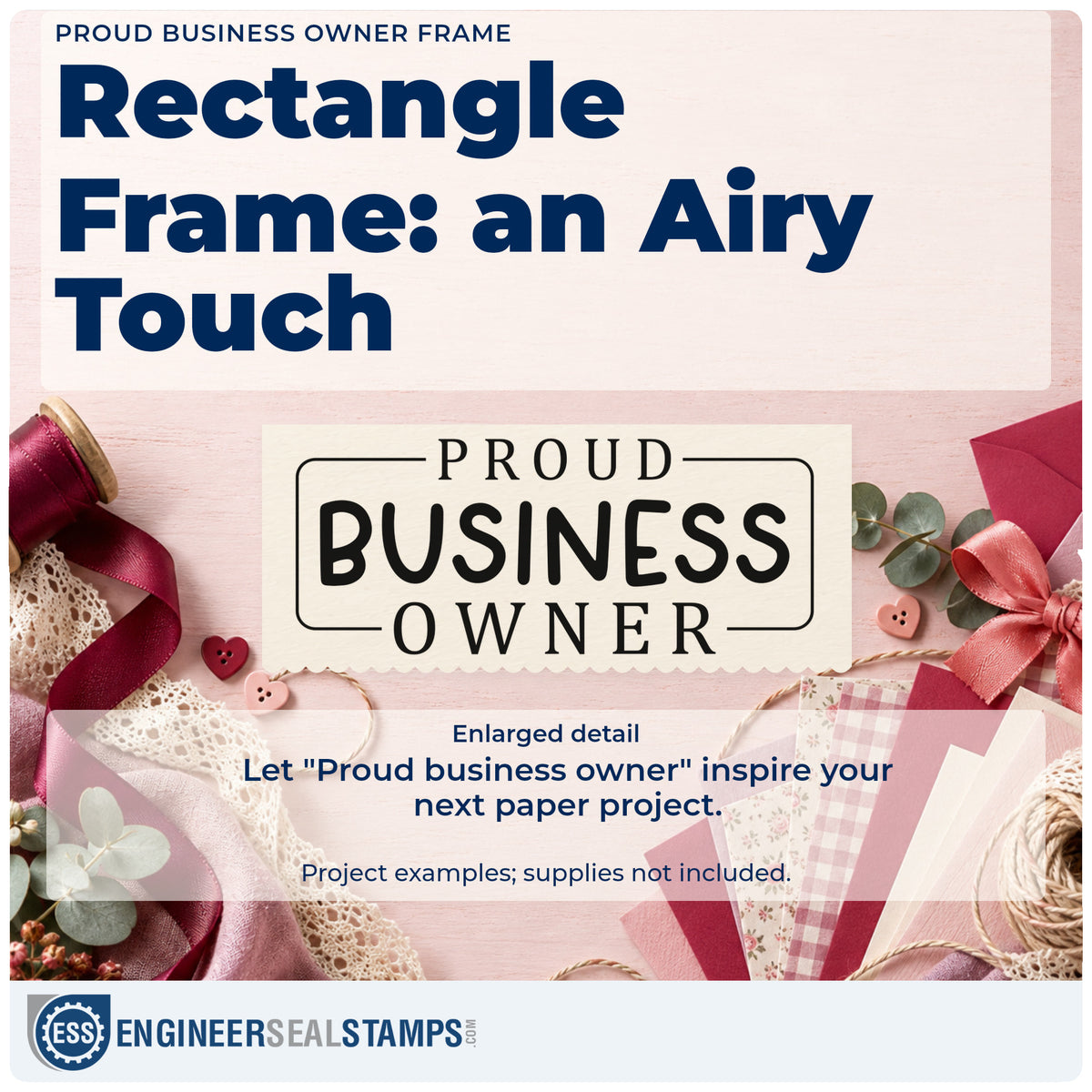 Enlarged detail of the Premium Wooden Proud Business Owner Stamp – Vintage Pro imprint. The words "Proud business owner" appear in a thin partially open rectangular frame.