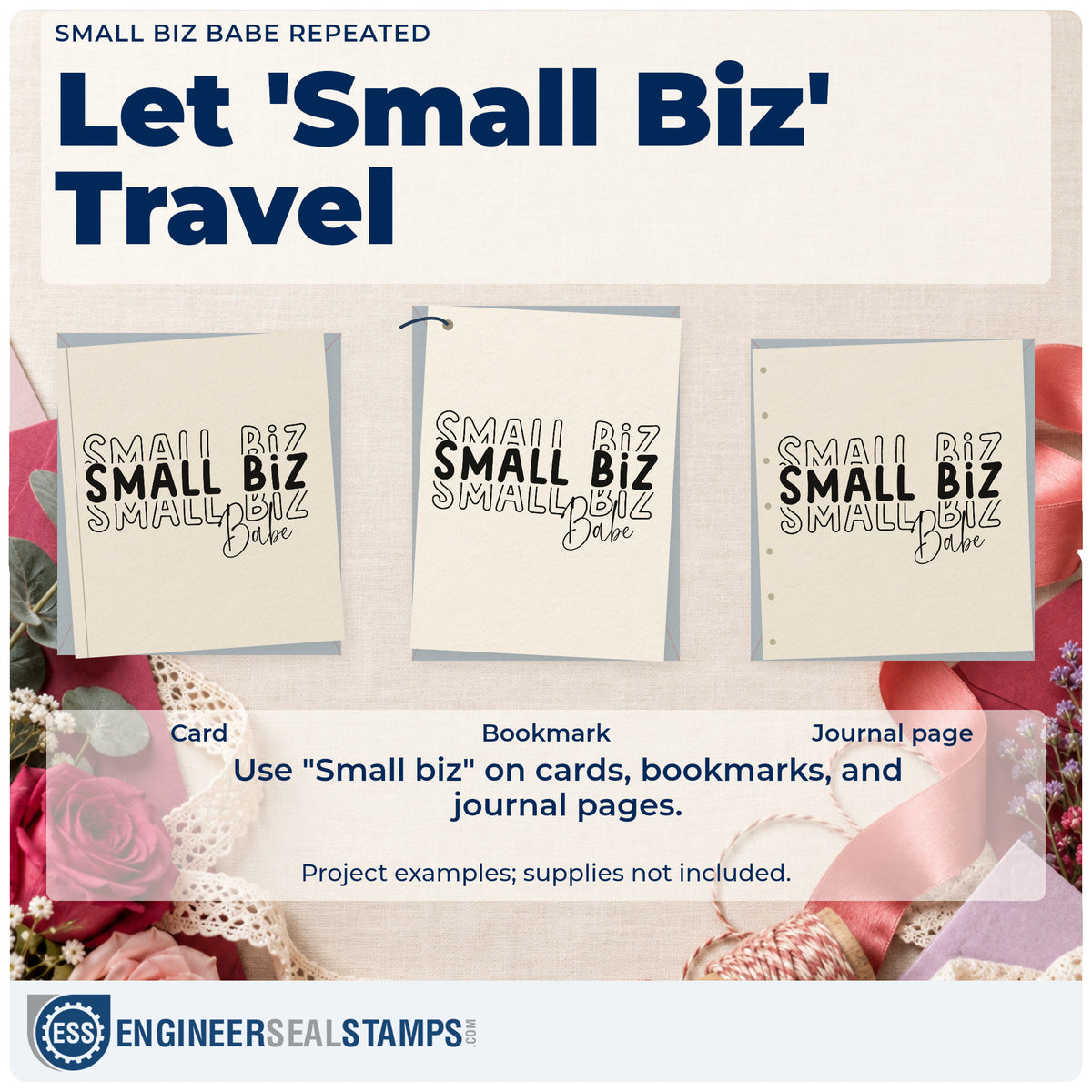 Three project examples made with the Small Biz Babe Repeated Script Lettering Self-Inking Craft Stamp, including commission log sheet.
