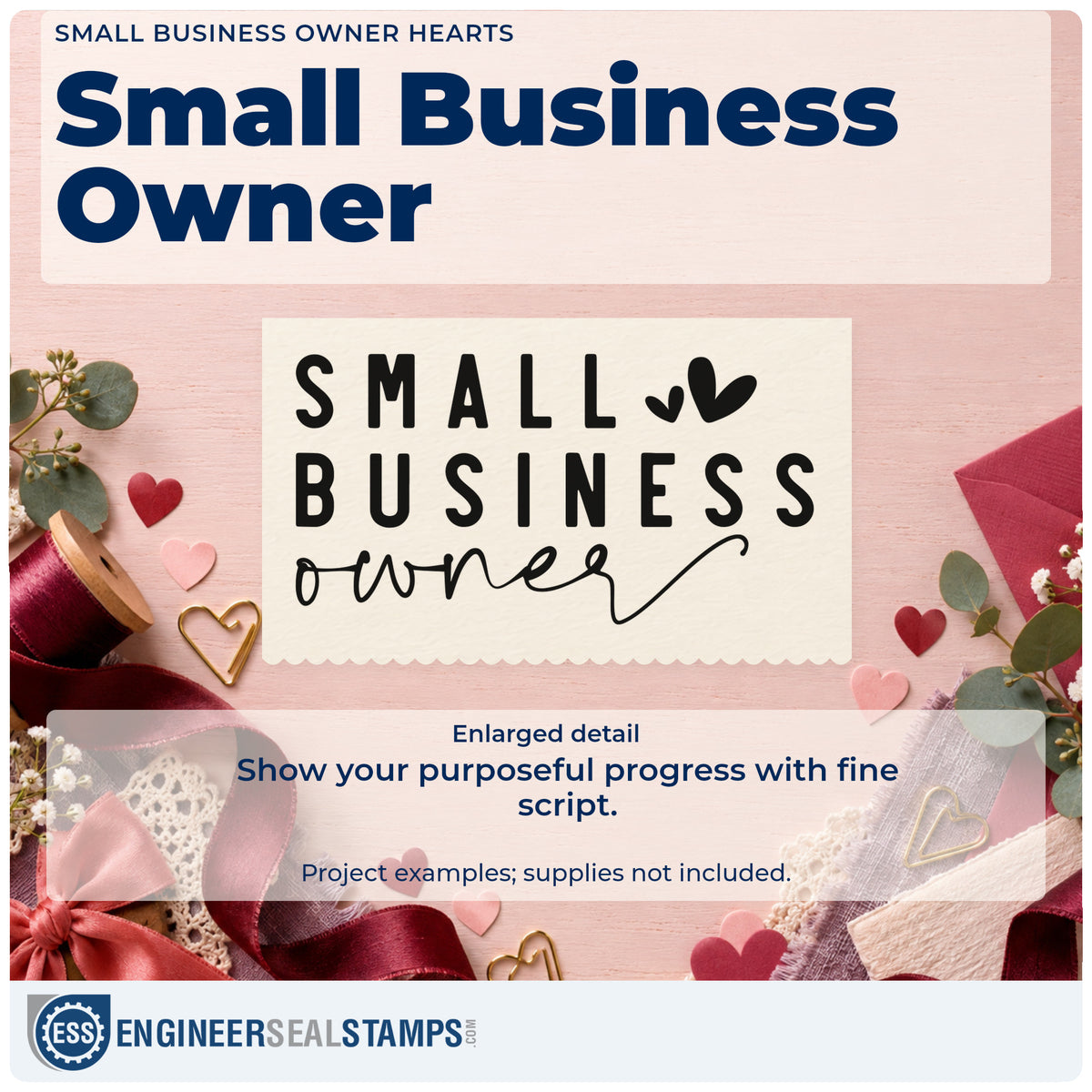 Enlarged detail of the Vintage Pro Small Business Owner Hearts Premium Wooden Stamp imprint. The words "Small business owner" combine spaced capitals and thin script with three hearts.