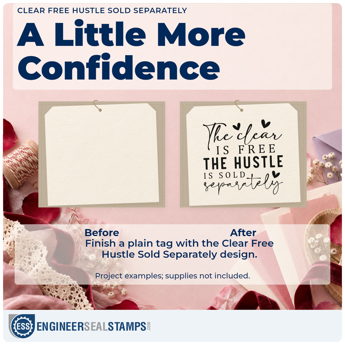 Before and after of a plain item finished with the Hustle Sold Separately Heart Quote Stamp – Slim Pre-Inked, a quick upgrade for framed control desk.