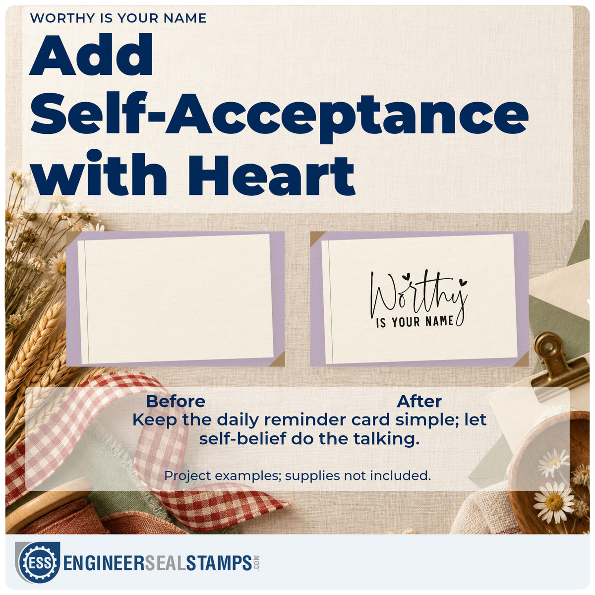 Before and after of a plain item finished with the Worthy Is Your Name With Hearts PSI Pre-Inked Stamp, a quick upgrade for framed front window.