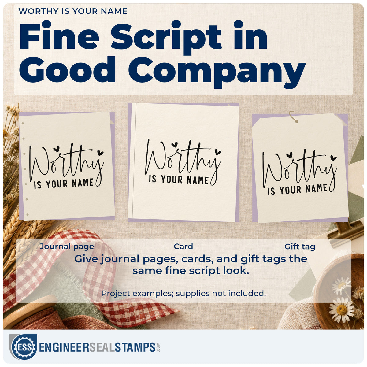 Three project examples made with the Worthy Is Your Name With Hearts PSI Pre-Inked Stamp, including order plan sheet.