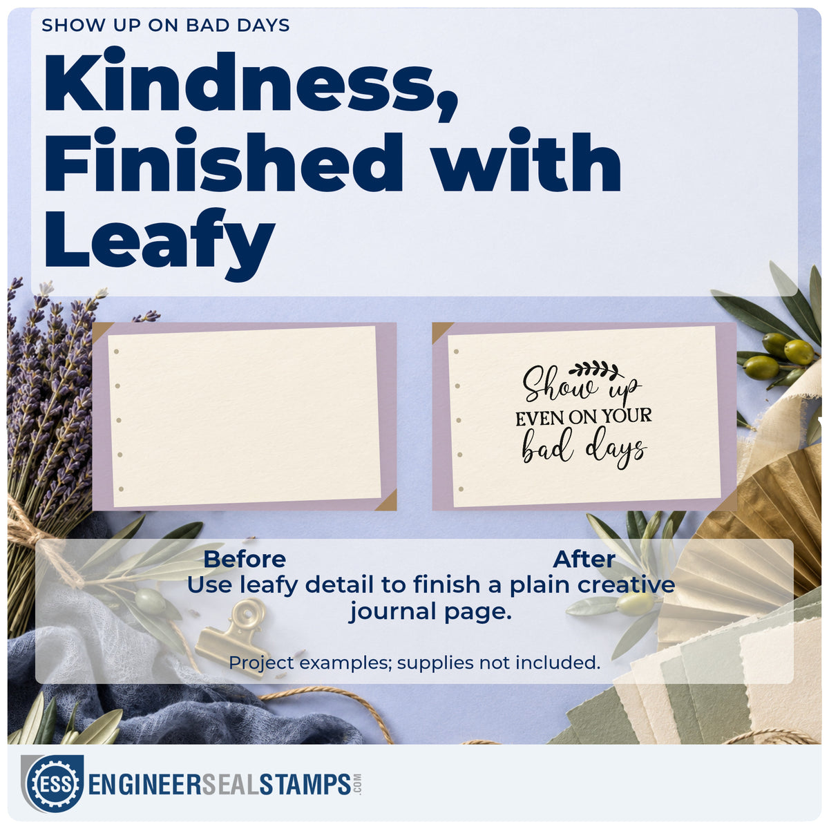 Before and after of a plain item finished with the Show Up Even On Your Bad Days Premium Wood-Mounted Stamp – Vintage Pro, a quick upgrade for framed drawing desk.