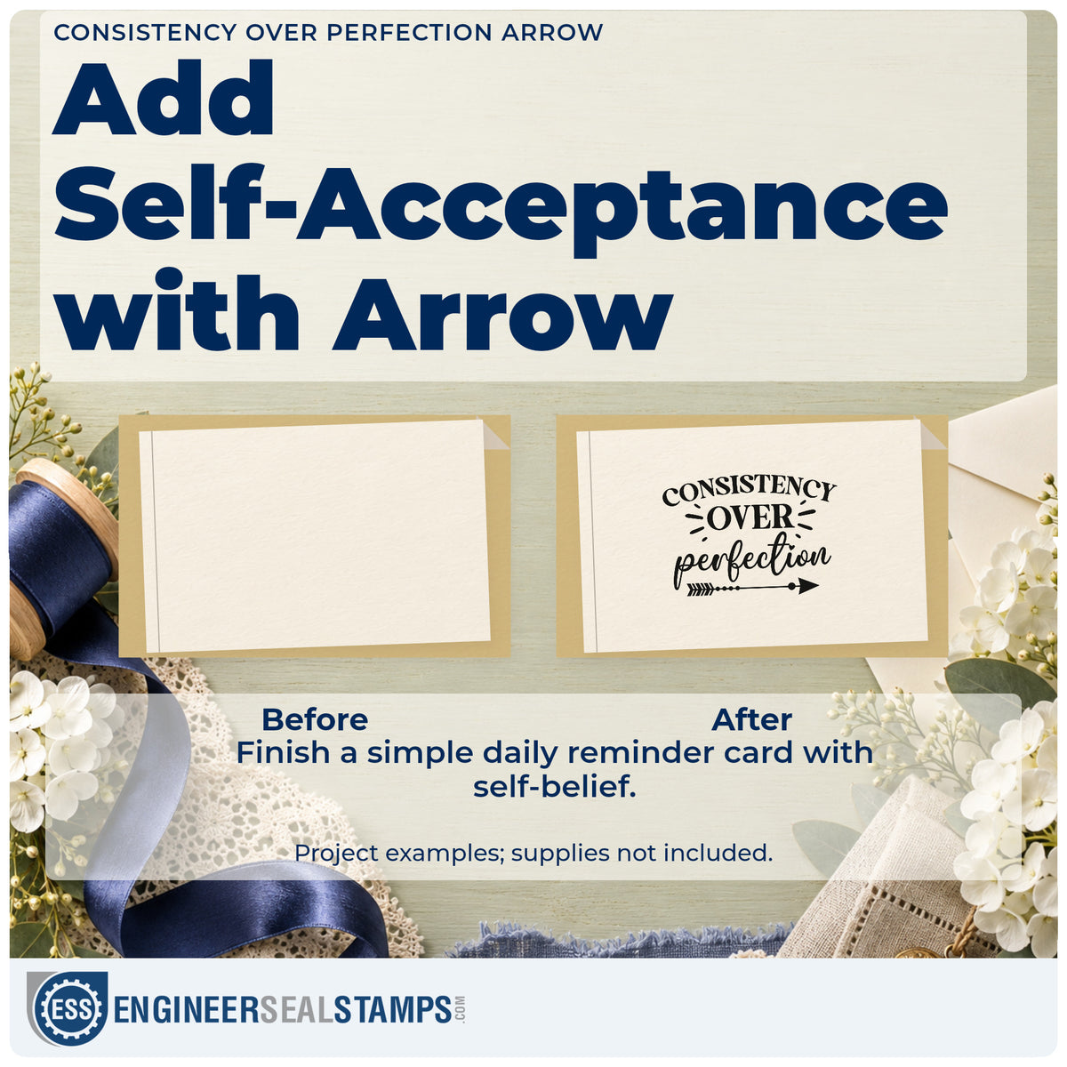 Before and after of a plain item finished with the Right Arrow Consistency Over Perfection Rubber Stamp – Duo Hand, a quick upgrade for framed study wall.