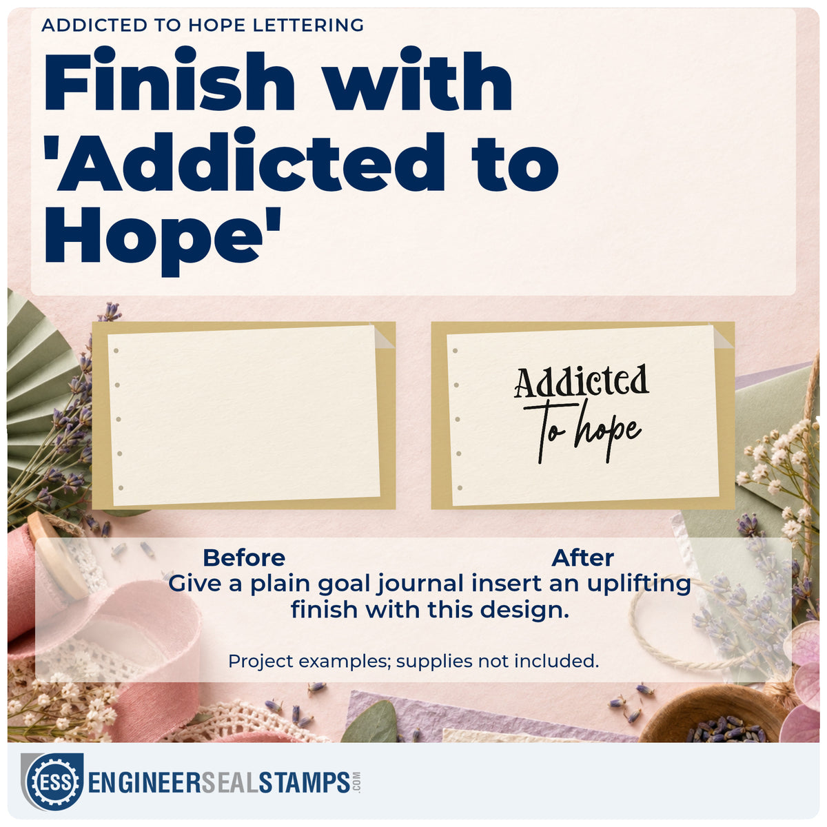 Before and after of a plain item finished with the Pre-Inked Addicted To Hope Lettering Stamp – PSI, a quick upgrade for framed tying bench.
