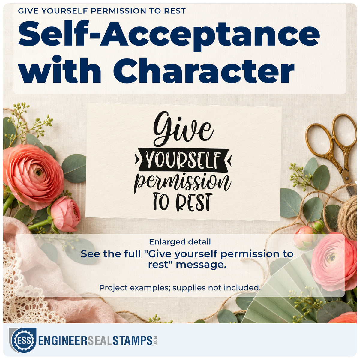 Enlarged detail of the Give Yourself Permission To Rest Ribbon Lettering Compact Pre-Inked Stamp – Slim imprint. The phrase "Give yourself permission to rest" includes a dark ribbon banner around "yourself."