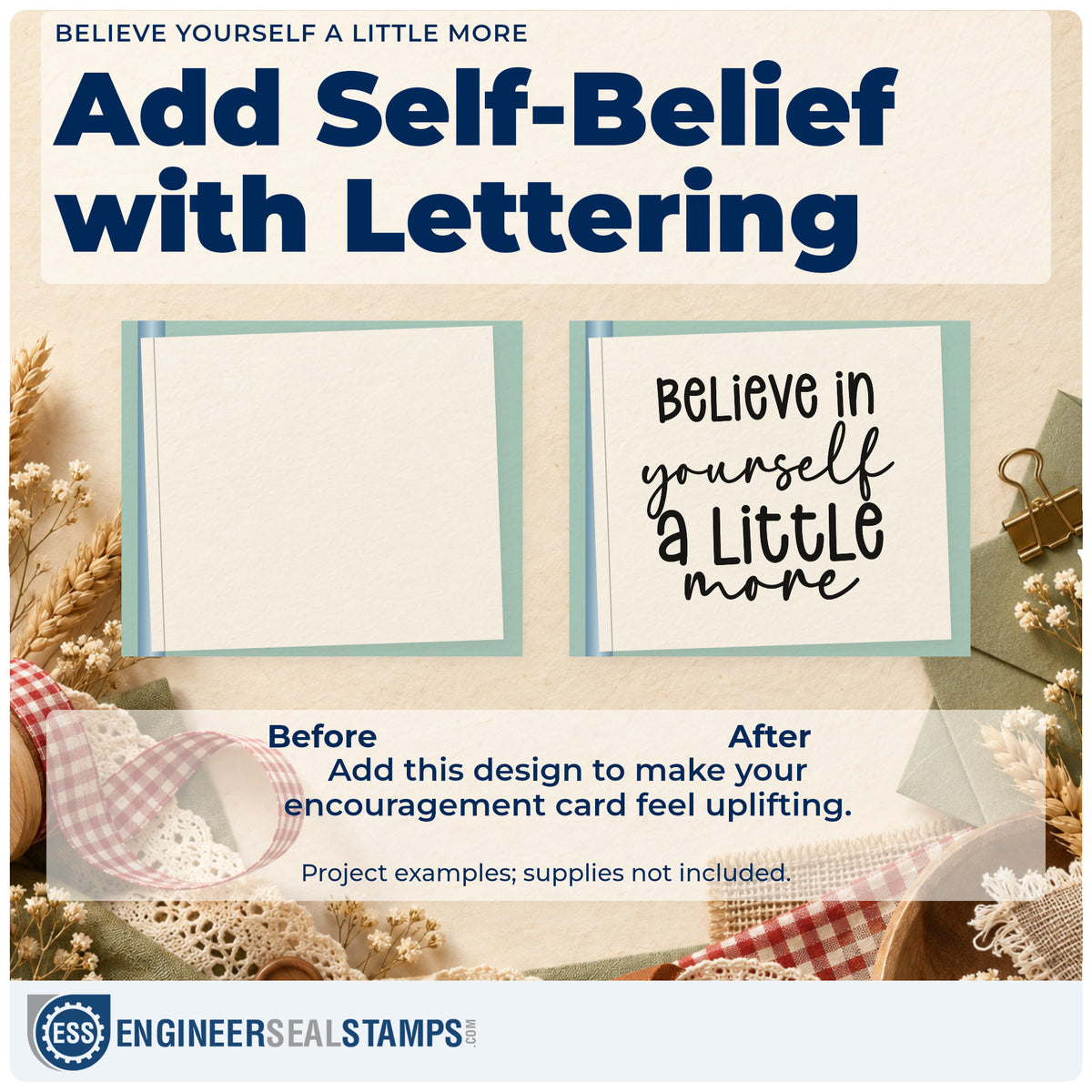Before and after of a plain item finished with the Believe Yourself A Little More Slim Pre-Inked Stamp, a quick upgrade for framed practice mirror.