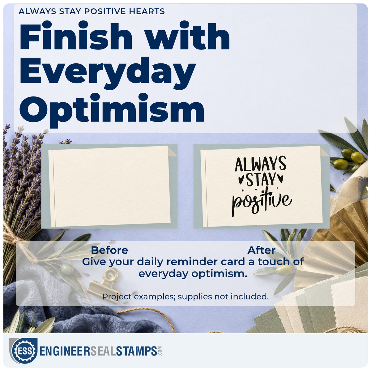 Before and after of a plain item finished with the Always Stay Positive Rubber Stamp – Duo Hand, a quick upgrade for framed pool gallery.