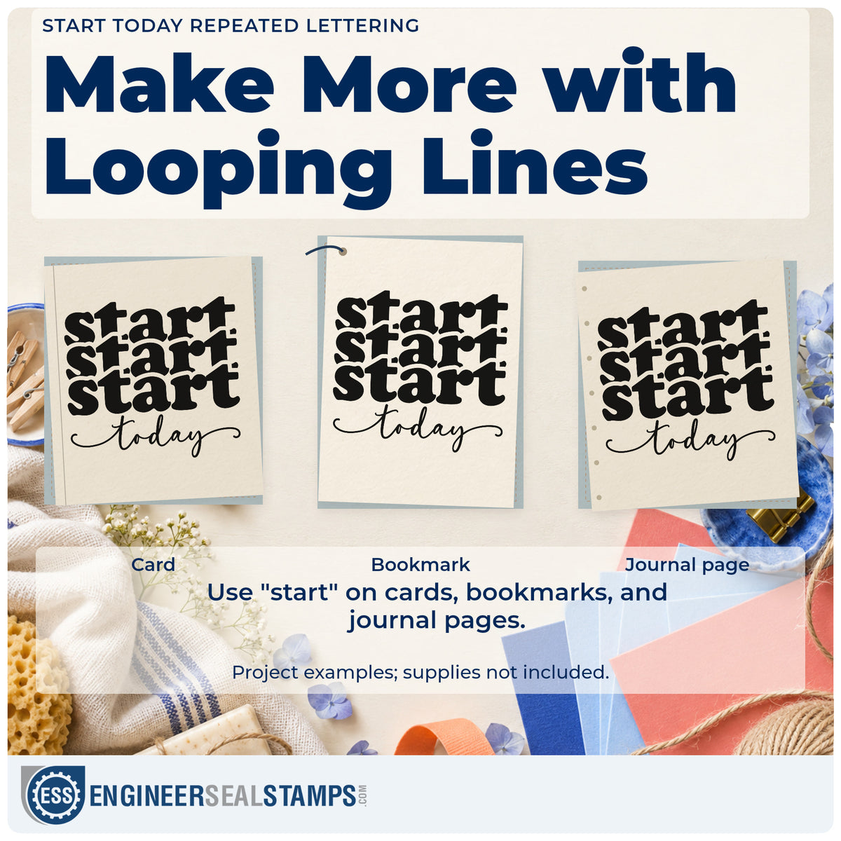 Three project examples made with the Start Today Repeated Lettering Hand Stamp – Duo, including week dish sheet.