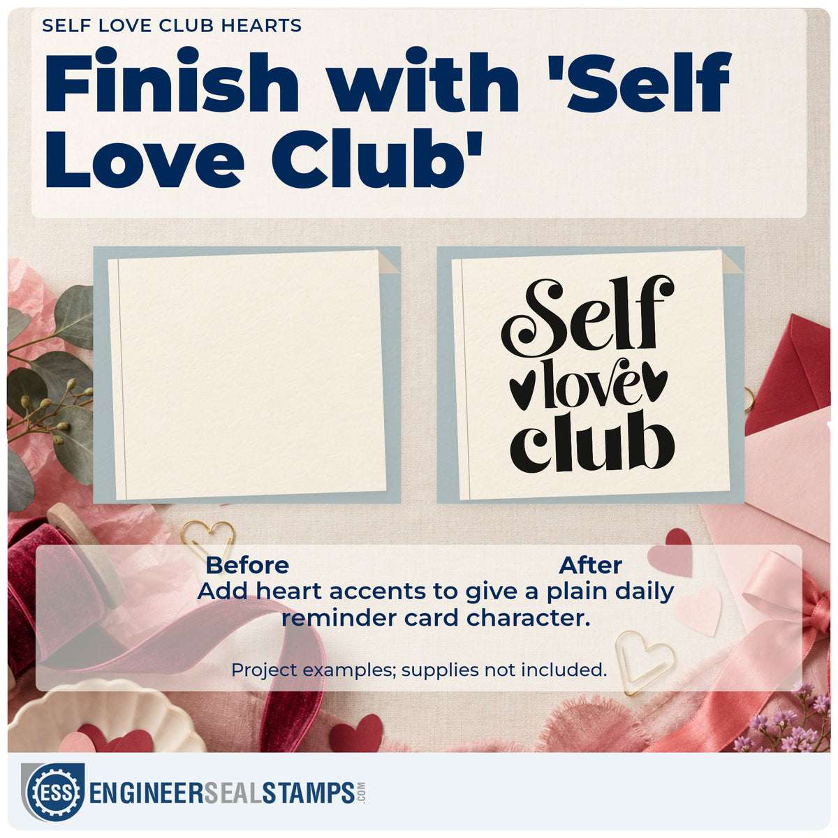 Before and after of a plain item finished with the Self Love Club Stamp – Premium Vintage Pro Wooden, a quick upgrade for framed bathroom shelf.