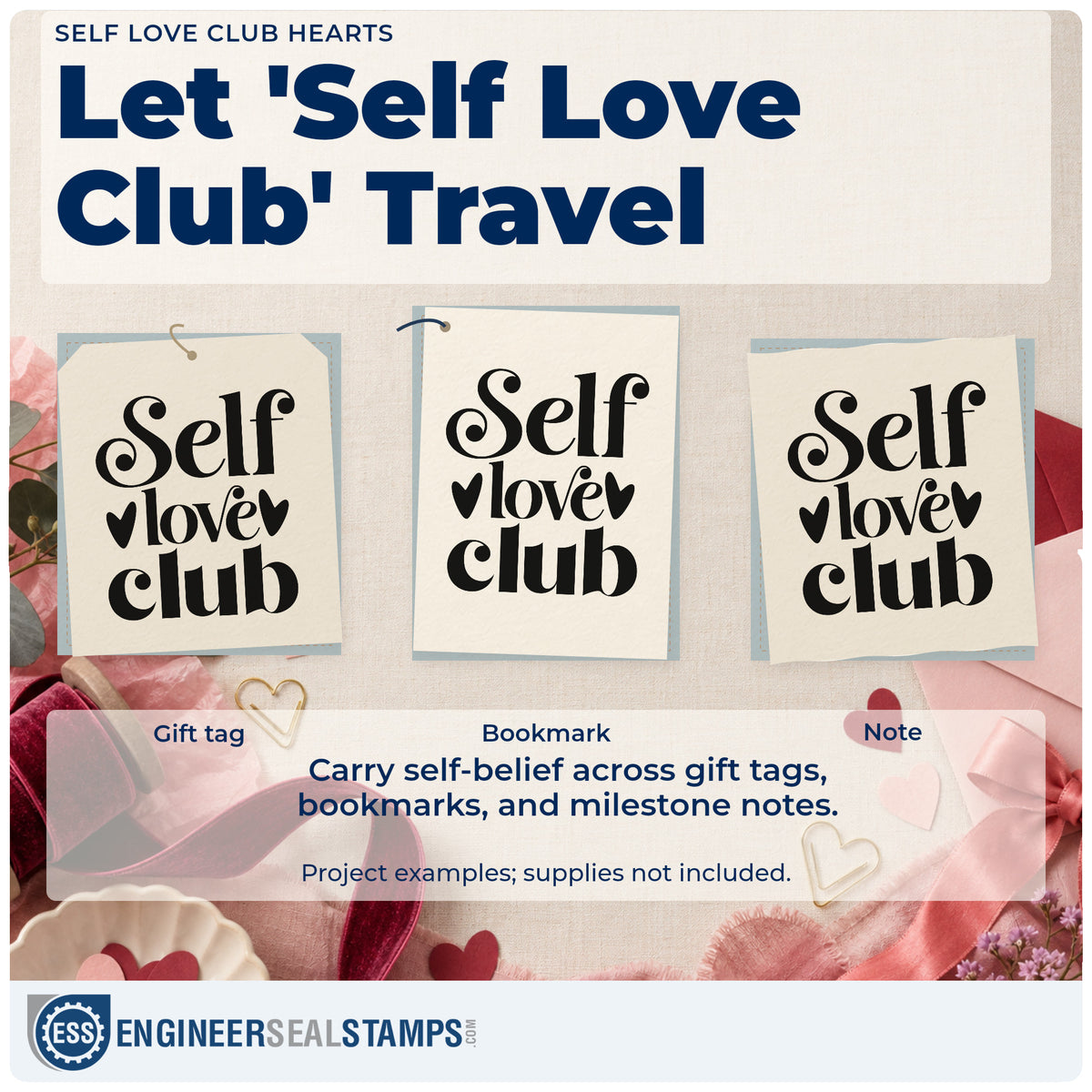 Three project examples made with the Self Love Club Stamp – Premium Vintage Pro Wooden, including evening plan sheet.