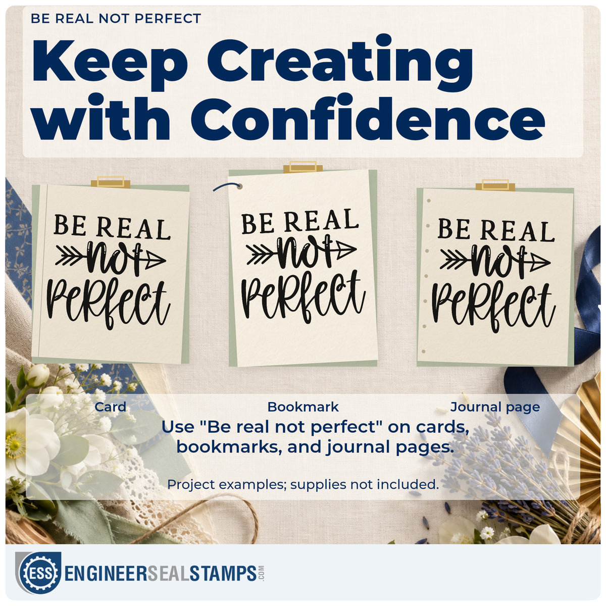 Three project examples made with the Be Real Not Perfect PSI Pre-Inked Stamp, including try again sheet.