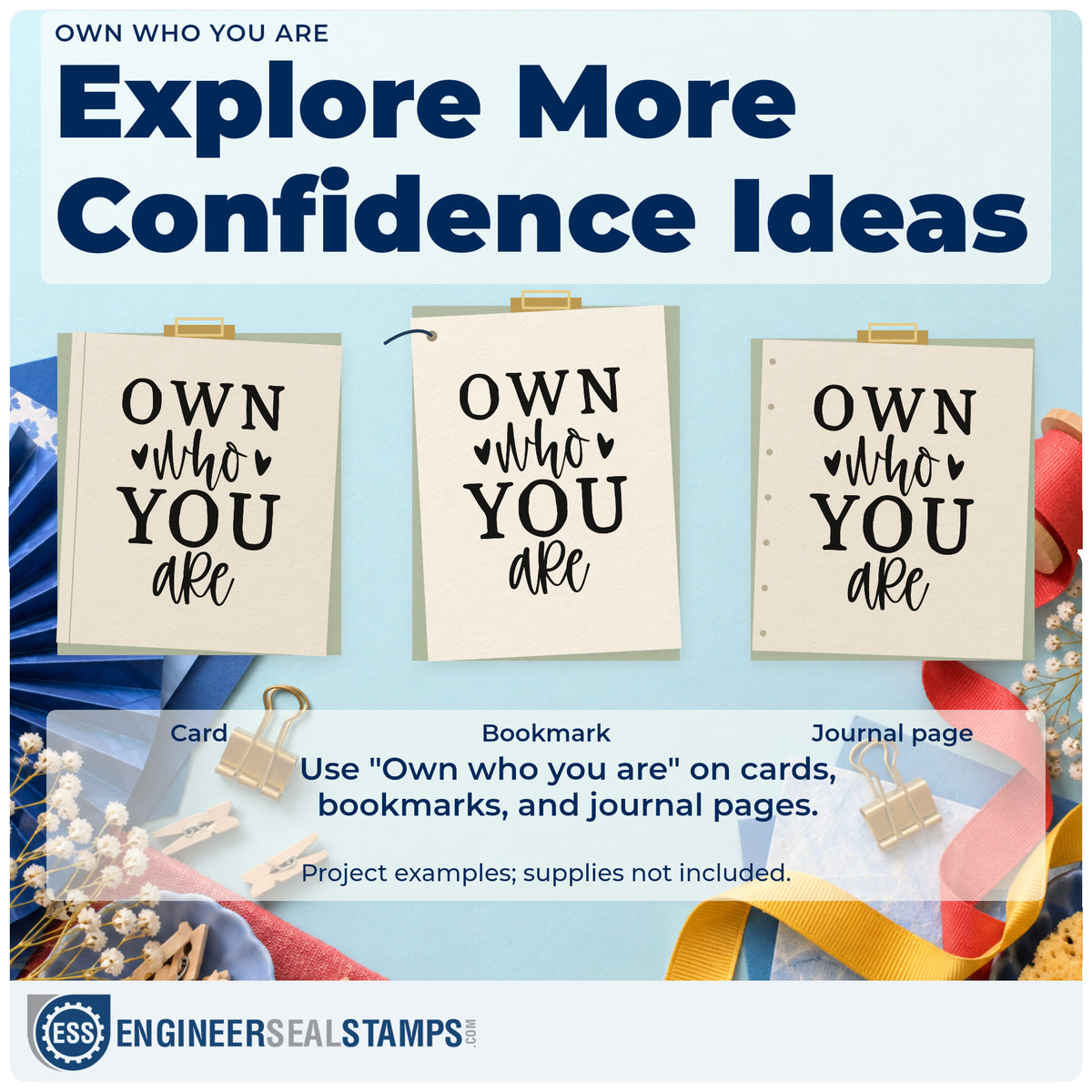 Three project examples made with the Own Who You Are With Hearts Stamp – PSI Pre-Inked, including session time sheet.