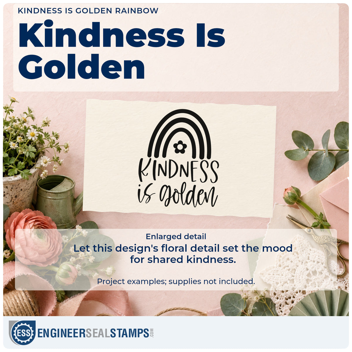 Enlarged detail of the Kindness Is Golden Rainbow Rubber Stamp – Wood Handle imprint. A rainbow with a small flower appears above the words "Kindness is golden."