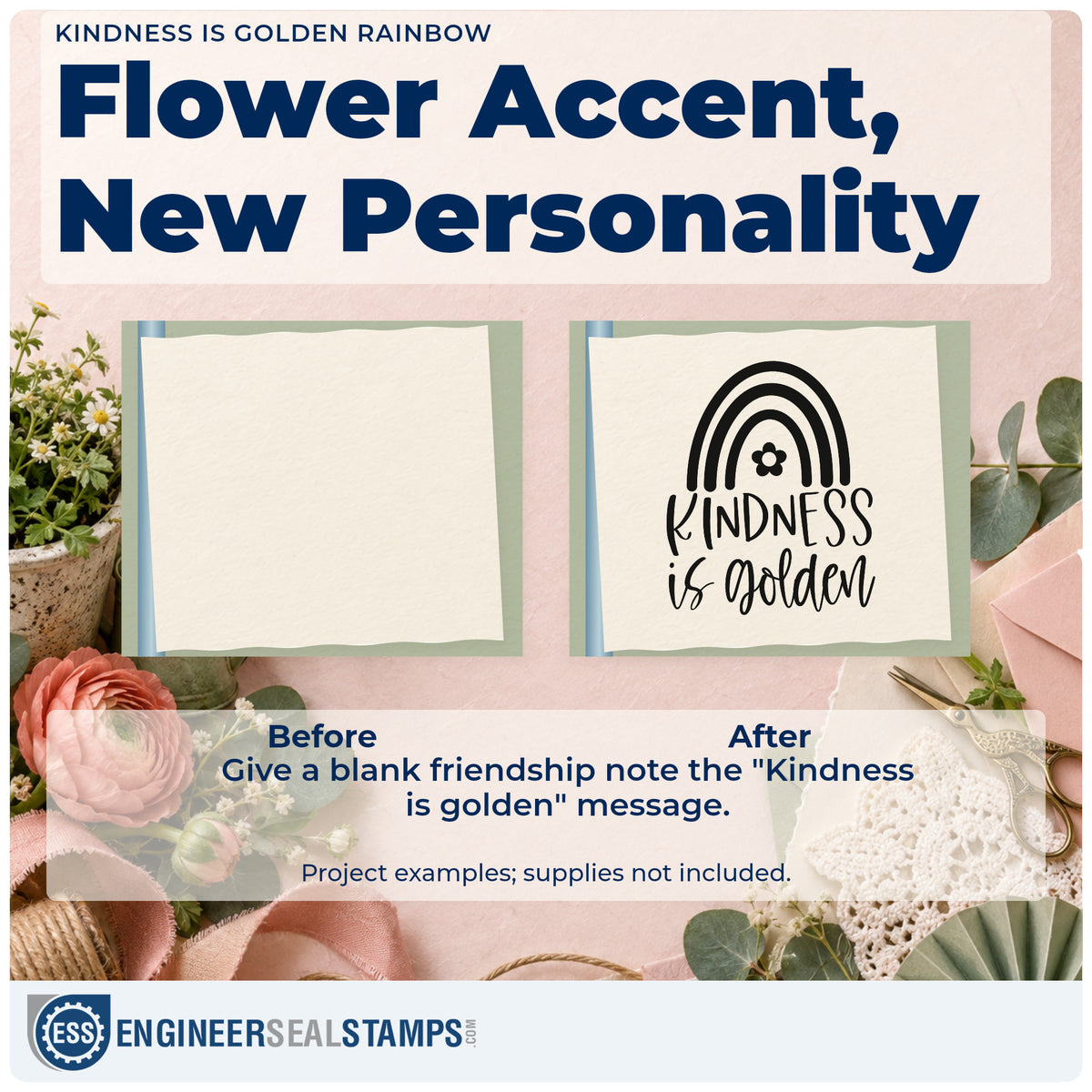 Before and after of a plain item finished with the Kindness Is Golden Rainbow Premium Wooden Stamp – Vintage Pro, a quick upgrade for framed school entry.