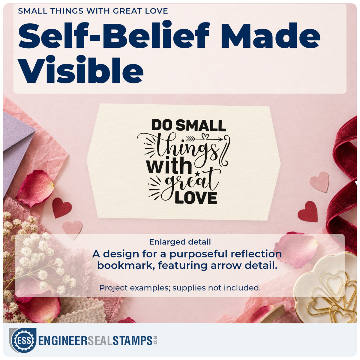 Enlarged detail of the Do Small Things With Great Love Hand Stamp – Duo imprint. The phrase "Do small things with great love" includes a heart-tipped arrow, decorative rays, and flourishes.