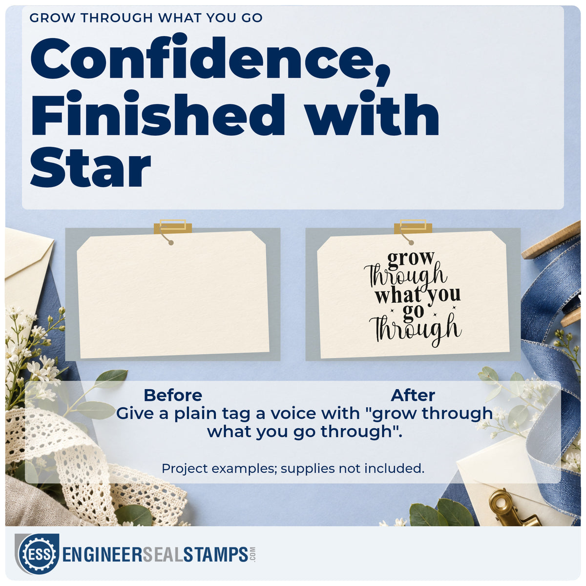 Before and after of a plain item finished with the Grow Through What You Go Through With Stars Stamp – Wood Handle, a quick upgrade for framed field office.