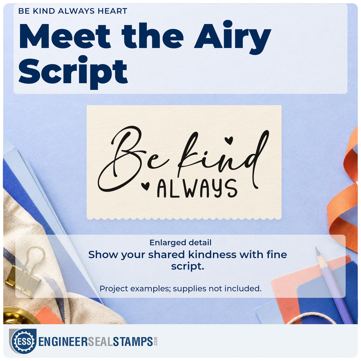 Enlarged detail of the Be Kind Always Heart Duo Hand Stamp imprint. The words "Be kind always" appear in fine brush script and capitals with a small heart.