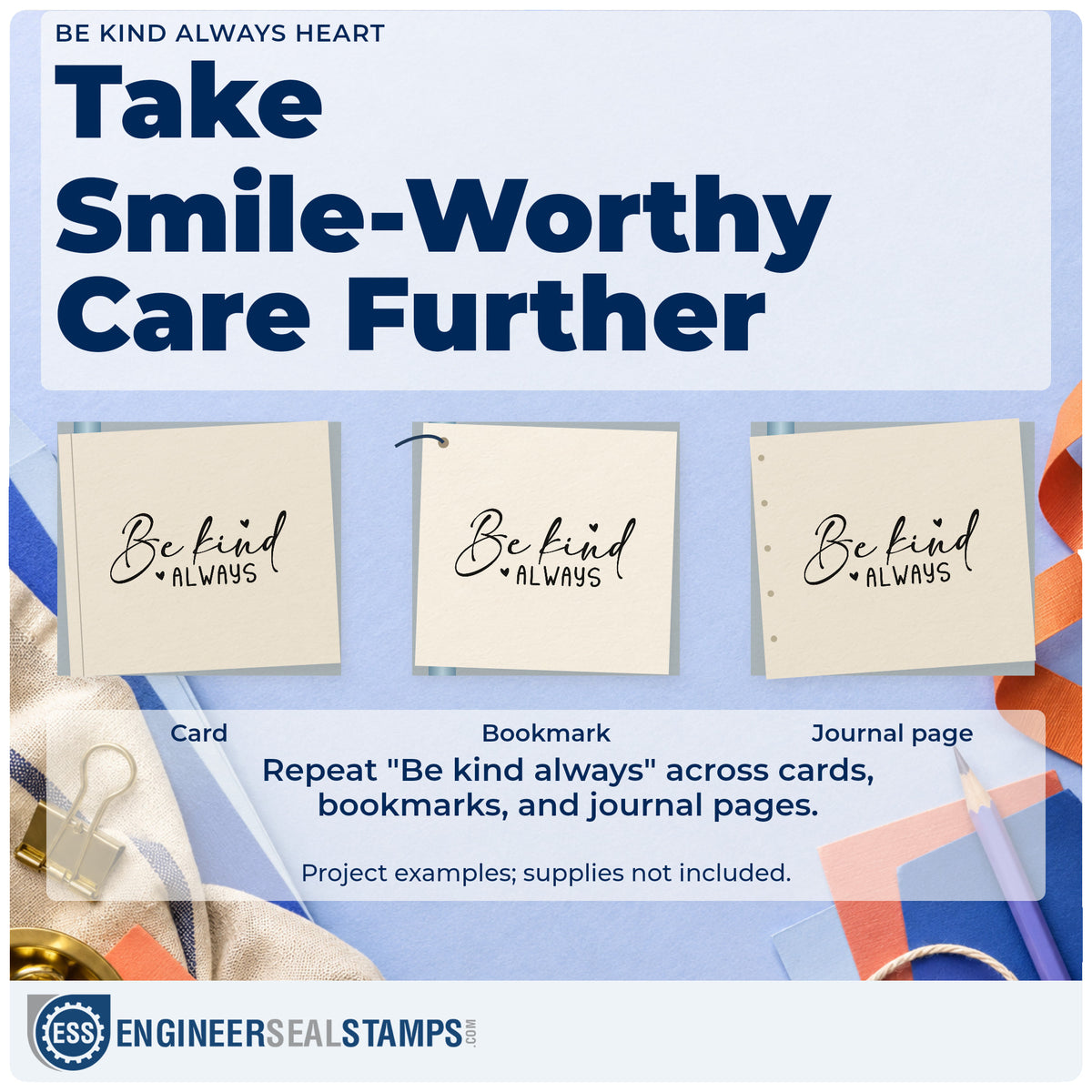 Three project examples made with the Vintage Pro Be Kind Always Heart Premium Wooden Stamp, including stock check sheet.