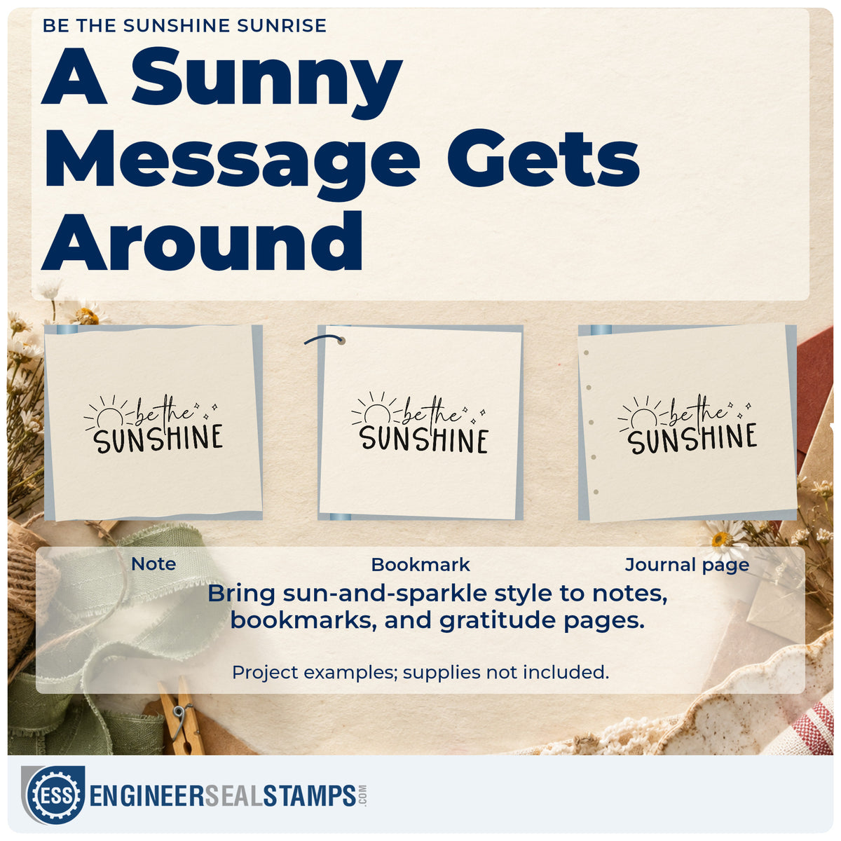 Three project examples made with the Slim Pre-Inked Be The Sunshine Sunrise With Sparkles Stamp, including sales tally sheet.